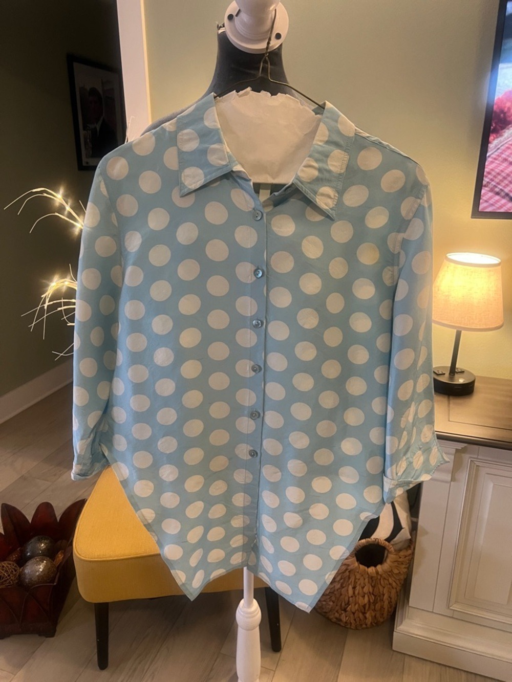 Polka Dot Button-Front Blouse in Light Blue and White
